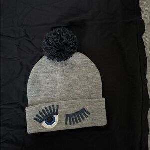 Gray Pom-Pom Beanie with Eye Design